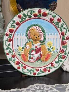 Cherished Teddies Strawberry Bear Ceramic Plate - White, Red & Green